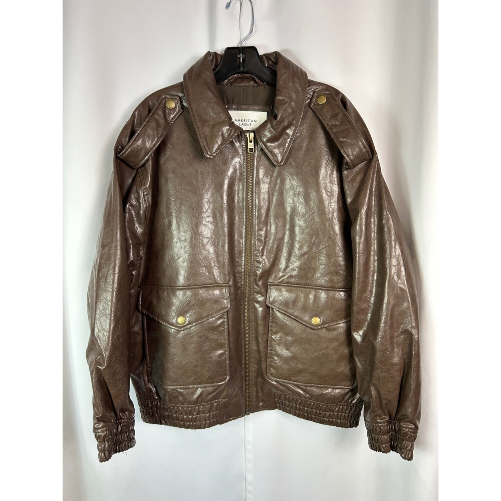 American Eagle Preppy Brown Solid Faux Leather Bomber Jacket Epaulets Moto M